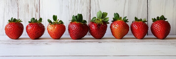 Sticker - Fresh Red Strawberries on White Wooden Background - A row of eight fresh red strawberries, with green leaves, arranged on a white wooden surface. The strawberries are a symbol of freshness, sweetness,