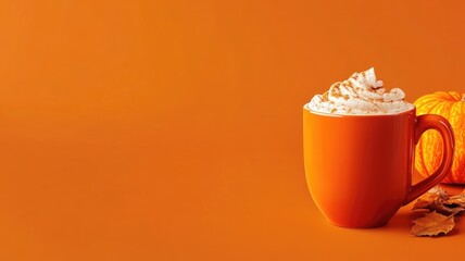 A warm pumpkin spice latte in an orange mug, topped with whipped cream, embodying the flavors of autumn.