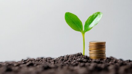 Poster - A close-up of a growing plant with a small stack of coins beside it, representing the growth of savings