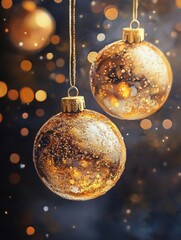 Poster - Golden Christmas Ornaments with Bokeh Lights - Two golden Christmas ornaments with glitter hanging against a blurred background of warm bokeh lights, symbolizing festivity, celebration, joy, sparkle, 