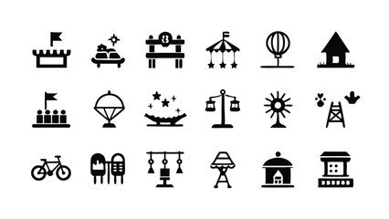 Set of flat icons related to amusement park, entertainment, and recreation.