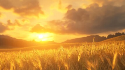 Canvas Print - Golden Wheat Field at Sunset - Beautiful Landscape Photography - A breathtaking view of a golden wheat field bathed in the warm glow of a sunset. The tall blades of wheat stand tall against the backdr