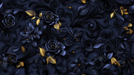 Aufkleber - A blue floral pattern with gold accents. The flowers are black and the leaves are gold. The pattern is very intricate and detailed