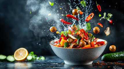 A bowl of food with a lot of vegetables and a lemon on the table