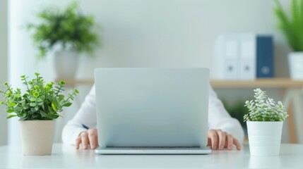 A person is sitting at a desk with a laptop and two potted plants