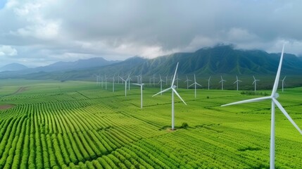 A field of wind turbines is seen from above