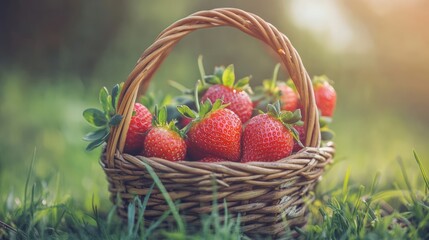 Wall Mural - A wicker basket overflowing with freshly picked strawberries sits on a bed of green grass in a field.