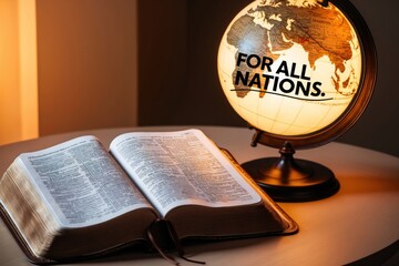 Open Bible resting on a table beside a glowing globe, emphasizing unity among all nations, captured in a cozy indoor setting