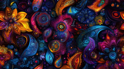 Aufkleber - A colorful floral pattern with a blue flower in the center. The flowers are in various colors and sizes, and the background is a mix of blue and purple. Scene is vibrant and lively