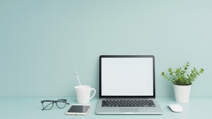 Wall Mural - A laptop sits on a desk with a cup of coffee and a potted plant