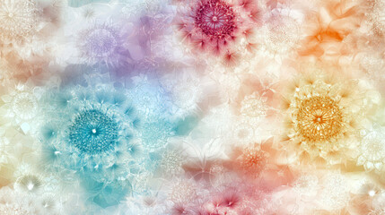 Aufkleber - A colorful flower pattern with a blue flower in the middle. The flowers are in different colors and sizes
