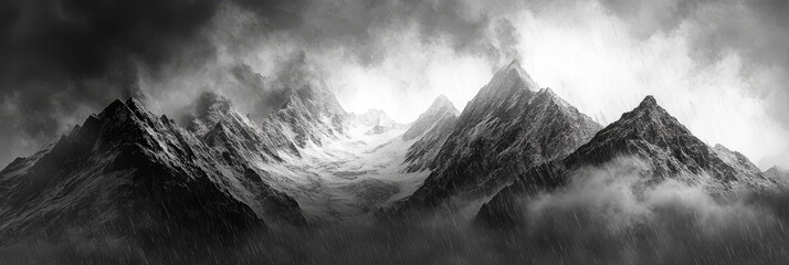 Poster - Majestic Mountain Range Emerging from Clouds - A breathtaking view of a snow-capped mountain range piercing through the clouds, symbolizing resilience, strength, determination, and the pursuit of grea