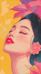 Wall Mural - A photo portrait illustration art style retro Asian woman with a smile, on the vibrant color background