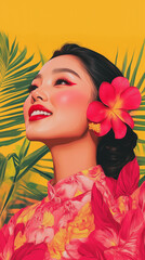 Wall Mural - A photo portrait illustration art style retro Asian woman with a smile, on the vibrant color background