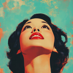 Wall Mural - A photo portrait illustration art style retro Asian woman with a smile, on the vibrant color background