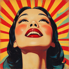 Wall Mural - A photo portrait illustration art style retro Asian woman with a smile, on the vibrant color background