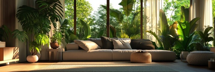 Wall Mural - Modern Living Room with Large Windows and Lush Greenery - A spacious living room with a comfortable sofa, large windows that frame a vibrant jungle scene, and lush greenery bringing the outdoors in, s