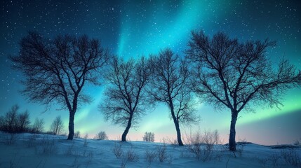 Canvas Print - Northern Lights Dancing Over Snowy Trees - The aurora borealis illuminates the night sky above a snow-covered landscape, casting an ethereal glow on the silhouettes of trees.