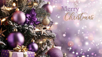 Merry Christmas celebration holiday background greeting card, christmas tree with decoration and gifts, defocused purple bokeh background with text