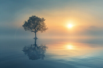 Wall Mural - Solitary Tree in a Misty Lake at Sunrise