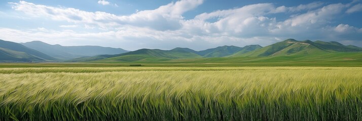 Wall Mural - Rolling Green Hills and Golden Wheat Field Under a Blue Sky - A picturesque landscape with rolling green hills in the background, a vast golden wheat field in the foreground, and a blue sky with fluff