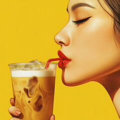 Wall Mural - A photo portrait illustration art style retro Asian woman with a smile, on the vibrant color background with coffee