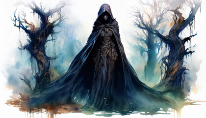 Watercolor painting sinister faceless witch in dark tattered cloak in twisted forest, scary person.