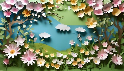 Wall Mural - The paper art style garden has soft colors, showing the beauty and peace of nature.