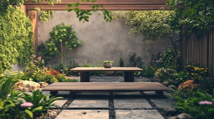 Wall Mural - A wooden table and bench in a garden area with plants, AI