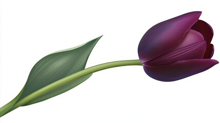 Wall Mural - Single Purple Tulip with Green Stem on White Background - A single purple tulip with a green stem and leaf, symbolizing elegance, beauty, love, spring, and new beginnings.