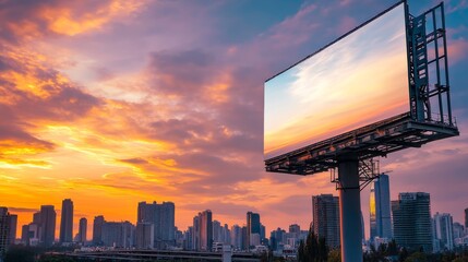 Poster - Billboard background featuring a metallic, reflective surface with a city skyline and sunset sky, offering a dramatic backdrop for advertisements.