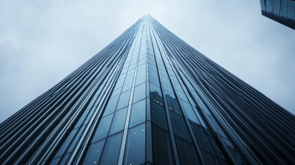 Poster - Contemporary high-rise with a smooth glass facade and sharp architectural lines standing tall in a cityscape.