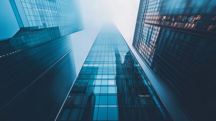 Poster - Contemporary high-rise with a smooth glass facade and sharp architectural lines standing tall in a cityscape.
