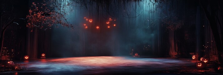 Poster - Spooky Halloween Forest with Jack-O-Lanterns and Glowing Lights - A mysterious and enchanting forest setting perfect for Halloween, featuring a glowing path, hanging jack-o-lantern lights, and scatter