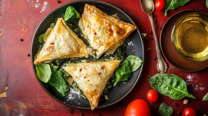 Canvas Print - Spinach and Feta Phyllo Triangles: A Delicious and Easy Appetizer Recipe - Crispy phyllo dough triangles filled with savory spinach and creamy feta cheese, perfect for a light lunch or a flavorful app