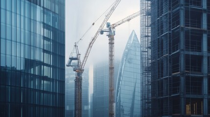 Poster - Modern skyscraper construction site with cranes and scaffolding