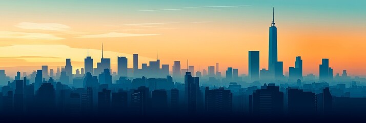 Wall Mural - Stunning Cityscape at Sunset with Skyline Silhouettes - A captivating cityscape at sunset with silhouettes of tall buildings against a vibrant orange and blue sky, symbolizing urban life, dreams, aspi