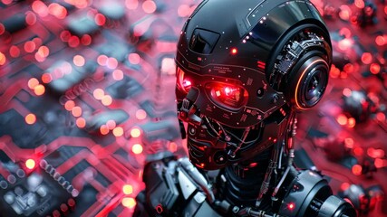 Sticker - Futuristic cybernetic robot head with glowing red eyes in high-tech environment