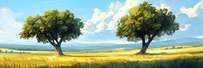 Canvas Print - Tranquil Meadow with Two Trees Under a Blue Sky - Two trees stand tall in a vast meadow, symbolizing peace, nature, growth, tranquility, and hope.