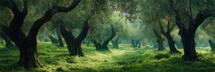 Poster - Tranquil Olive Grove - Serene Nature Photography - A peaceful olive grove with sunlight filtering through the leaves, symbolizing nature, tranquility, growth, peace, and life.