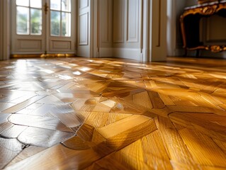 Exquisite Three Layer Hardwood Parquet Flooring with Intricate Interlocking Geometric Patterns in a French Chateau Style Drawing Room