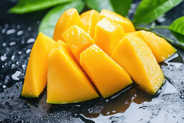 Freshly Sliced Ripe Mango with Water Droplets on Black Surface