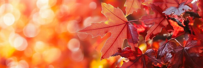 Poster - Vibrant Autumn Leaves with Bokeh Background - A close-up of red maple leaves with a blurred background of golden sunlight, symbolizing nature's beauty, fall foliage, seasonal change, tranquility, and 