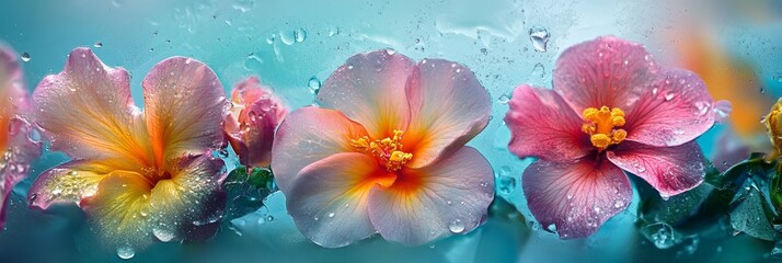 Canvas Print - Vibrant Hibiscus Flowers with Water Droplets - Three hibiscus flowers with water droplets, symbolizing freshness, beauty, nature, tropical paradise, and summer.