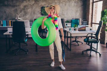 Poster - Full length photo of lovely young lady unhappy summer vacation dressed stylish garment modern workplace office coworking indoor