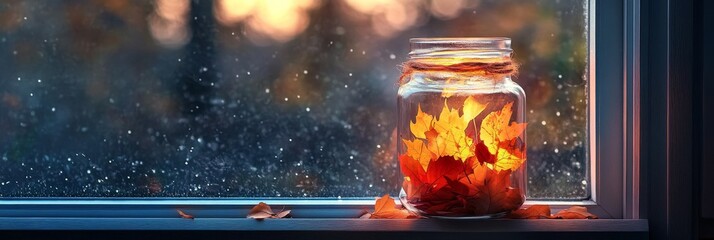 Poster - Warmth in a Glass Jar on a Rainy Day - A glass jar filled with autumn leaves sits on a windowsill, illuminated by the warm light from within, as rain falls outside. This image represents cozy moments,