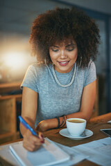 Poster - Coffee, writing and black woman in office at night, working at desk for administration deadline. Afro, notebook and smile of happy design person in creative workplace for evening report or research