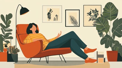 Woman Relaxing in a Comfortable Armchair in a Cozy Living Room - A woman is relaxing in a comfortable armchair in a cozy living room, surrounded by plants and framed artwork, symbolizing peace, comfor