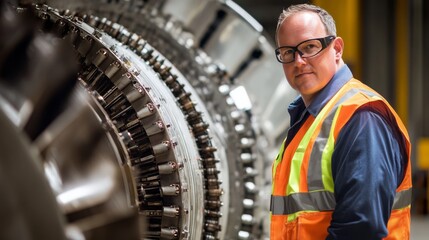 Poster - Heavy industry engineer with a reflective vest and safety glasses, standing beside a large piece of industrial equipment, with a focus on the intricate details and design.