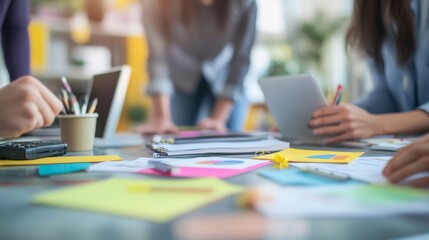 Wall Mural - Team of young business people discussing their startup ideas, with a backdrop of a modern workspace filled with tech gadgets and creative elements. 